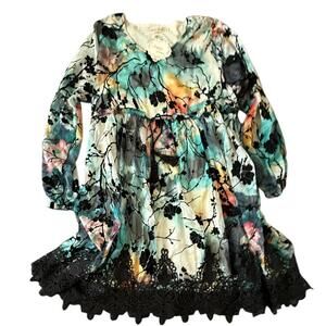 NWT Simply Couture Watercolor Floral Lace Hem Tunic Dress XL Cottagecore